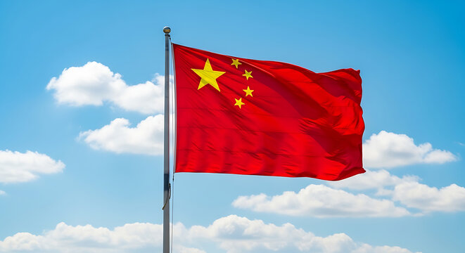 Vibrant red chinese flag waving proudly against a beautiful blue sky with fluffy clouds - Powered by Adobe