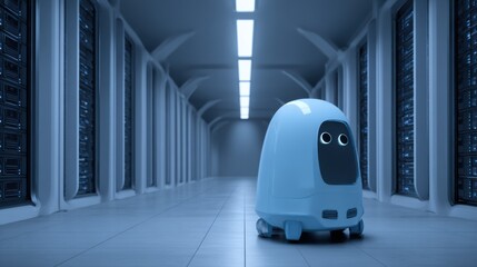 Cute robot with big eyes navigating a futuristic server room in a high-tech facility with sleek design and blue lighting