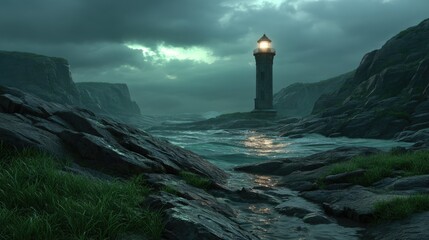 Coastal lighthouse illuminated against dramatic cloudy sky