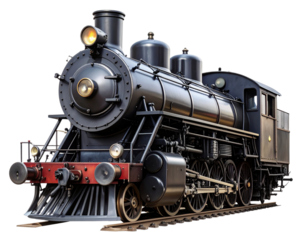  Vintage Black Steam Locomotive Front View, Isolated on Transparent Background