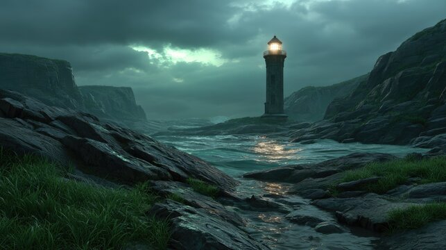 Coastal lighthouse illuminated against dramatic cloudy sky