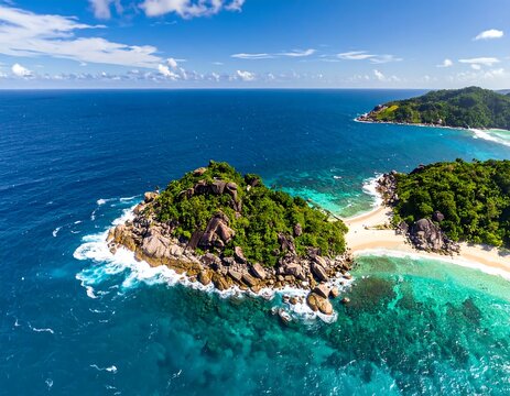 Aerial view showcases a tropical island with lush greenery, rocky formations, and a sandy isthmus separating turquoise waters