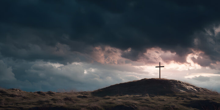 Cross on a hilltop under a dramatic, cloudy sky. Represents faith, hope, and sacrifice. - Powered by Adobe