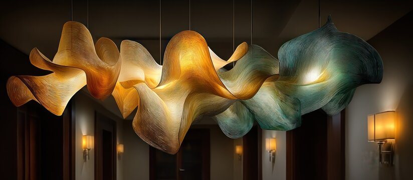 Abstract, flowing sculpture pendant light in a hallway setting