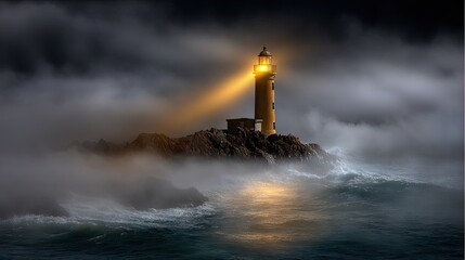 Coastal lighthouse illuminated amidst dramatic fog and water