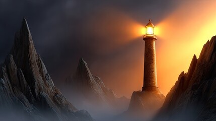 Coastal lighthouse illuminated at dusk guiding light against dark rocks