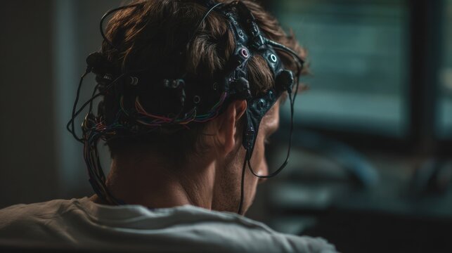 Young man wearing EEG cap, focusing on brain activity, exploring technology in neuroscience and mental health research