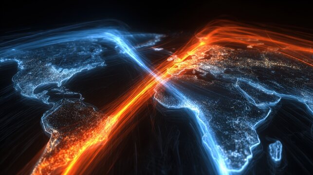 Global connectivity concept showcasing illuminated world map with vibrant blue and orange light trails representing data flow