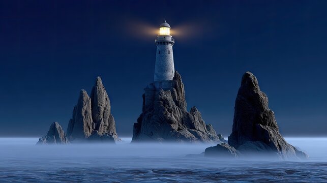 Coastal lighthouse illuminated at night amidst rocky terrain