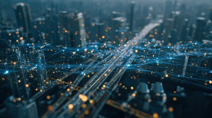 Futuristic Cityscape with Digital Connections and Light Trails Representing Data Flow in Urban Environment