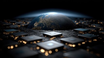 Earth Emerging from Circuit Board with Microchips, Symbolizing Technology, Innovation, and Global Connectivity at Night