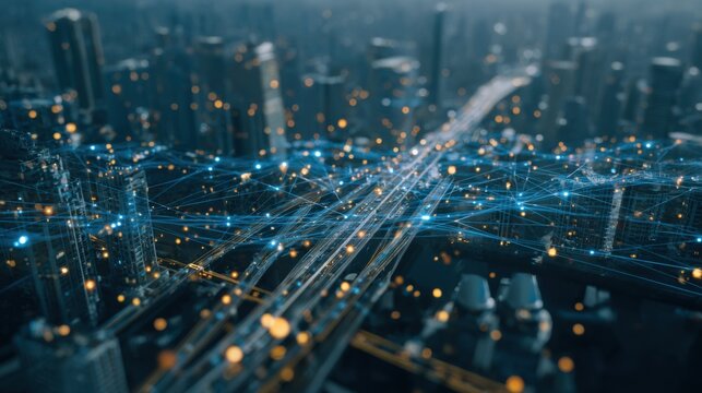 Futuristic Cityscape with Digital Connections and Light Trails Representing Data Flow in Urban Environment - Powered by Adobe