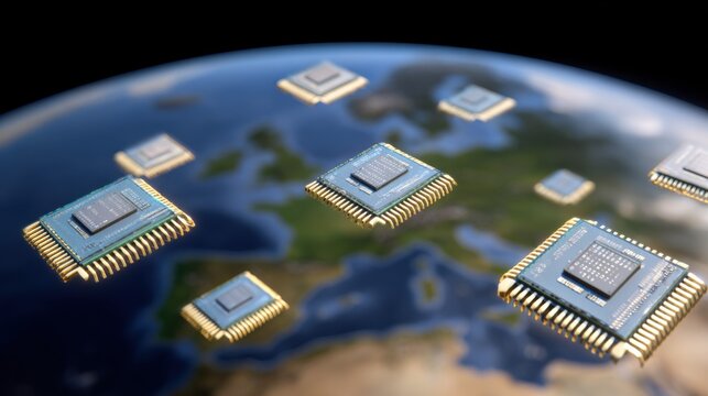 Floating Circuit Chips Above Earth Highlighting Global Technology and Innovation Connections in Modern Digital Era - Powered by Adobe