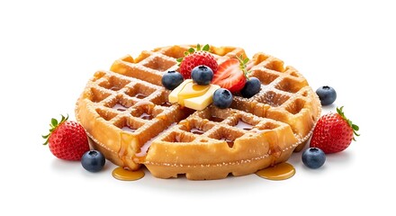 Waffle with berries and syrup isolated on white background