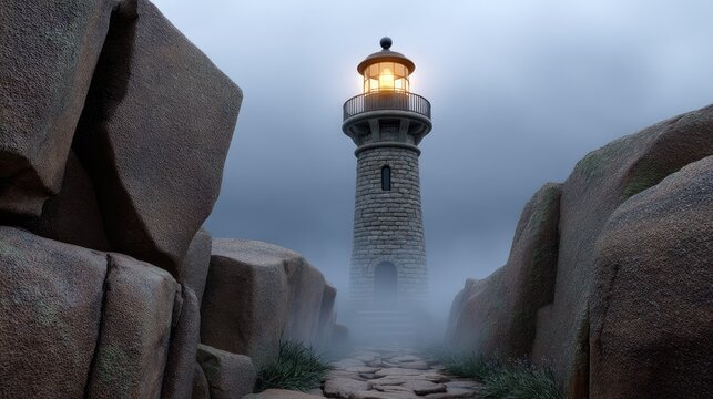 Coastal lighthouse illuminated beacon foggy sky navigation concept