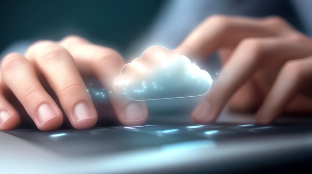 Modern professional typing on laptop with cloud symbolizing data storage and connectivity digital work and innovation.