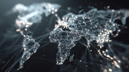 Abstract Digital World Map with Connecting Lines and Glowing Points Representing Global Connectivity and Data Exchange