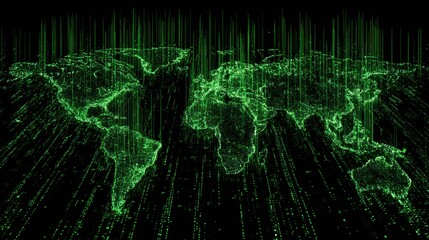 Green Digital World Map with Data Streams and Network Connections Representing Global Communication and Technology Trends