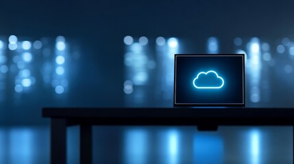 Modern desktop computer displaying cloud computing concepts on screen for digital data storage and network solutions.