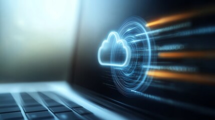 Modern laptop displaying vibrant cloud icon on screen for digital connectivity and advanced computing solutions.