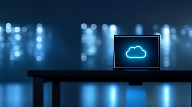 Modern desktop computer displaying cloud computing concepts on screen for digital data storage and network solutions.