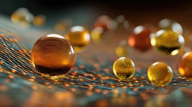 Abstract close-up of luminous glass spheres on a textured surface with blurred lights in the background creating a dreamy effect - Powered by Adobe