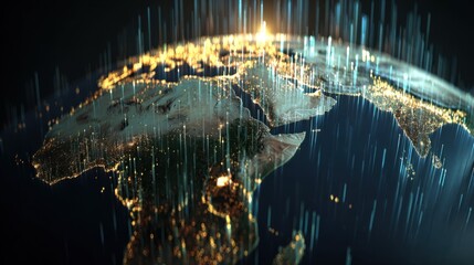 Digital Representation of Earth with City Lights and Data Streams from Space at Night