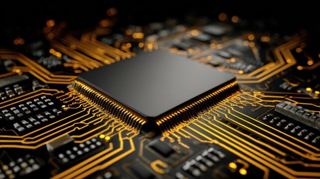 Close-Up of Computer Chip and Circuit Board with Intricate Patterns and Bright Connections in Dark Background