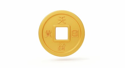Detailed 3D render of a traditional gold Chinese lucky coin, an ancient symbol of wealth and prosperity for feng shui, isolated on a white background