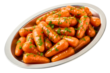 Glazed baby carrots with parsley in a metal serving dish isolated on transparent background