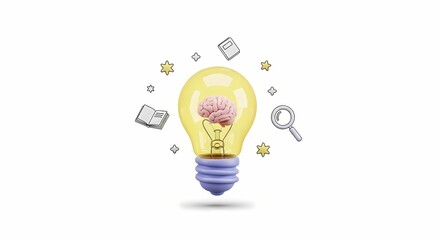 Innovative thinking and a creative learning process symbolized by a luminous lightbulb containing a brain, representing knowledge, research, and discovery