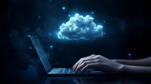 Professional productively working on laptop with cloud computing technology remote work and data synchronization concepts.