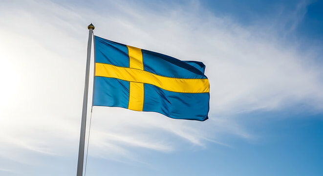 The blue and yellow swedish flag waves proudly against a bright sky with wispy clouds