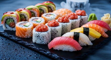 A cinematic close-up of assorted sushi rolls placed on a cold slate stone surface with subtle condensation and dry ice mist in the background