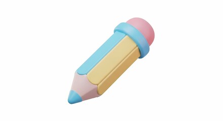 A 3D rendered icon of a cute, stylized cartoon pencil with a pink eraser, isolated on a white background for educational or creative projects