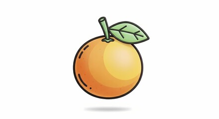 Vector illustration of a fresh ripe orange fruit with a green leaf and stem, isolated on a white background with a shadow
