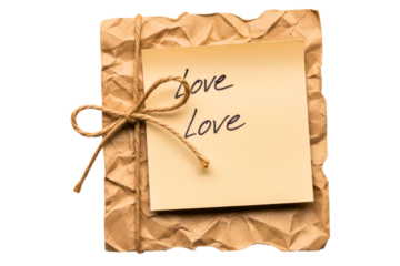 Love note on crumpled paper tied with a simple twine bow isolated on transparent background