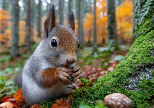 squirrel eating an acorn in a forest, during autumn