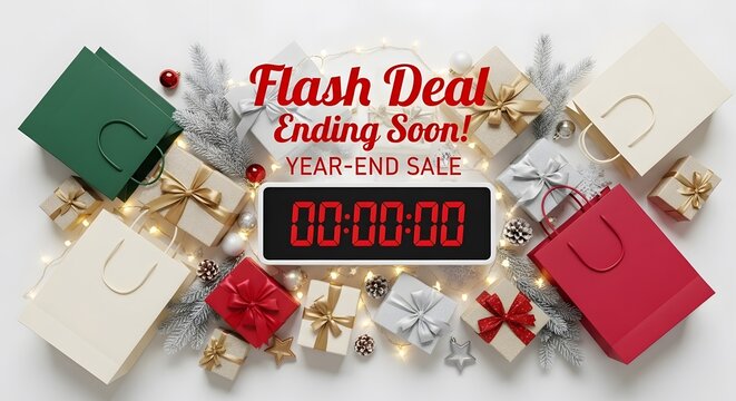 Flash deal ending soon year-end sale with gift boxes shopping bags festive decor