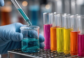 a female scientist is pouring a blue liquid into a test tube in a laboratory close-up. the female scientist's hands, wearing gloves, are holding a beaker and test tubes