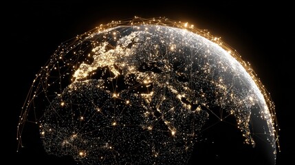 Stunning Global Network Visualization with Bright Lights Over a Detailed Earth Model in Dark Background