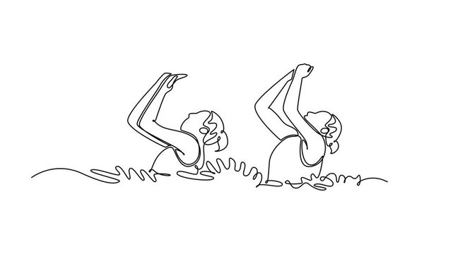 Animated self drawing of continuous line draw two women are performing a synchronized arm movement above water surface. Grace, precision, fluid motion of aquatic sport. Full length one line animation