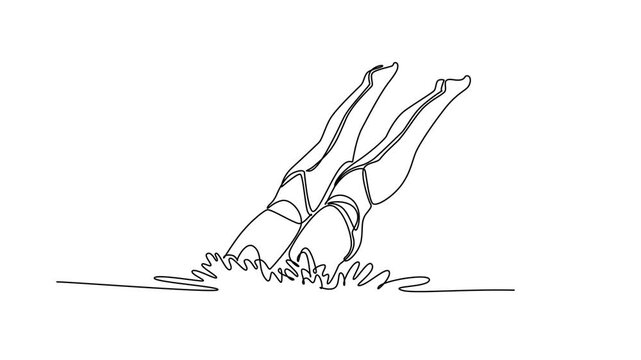 Animated self drawing of continuous line draw two women's legs are perfectly synchronized as they execute vertical descent into the water. Fluid motion of aquatic sport. Full length one line animation