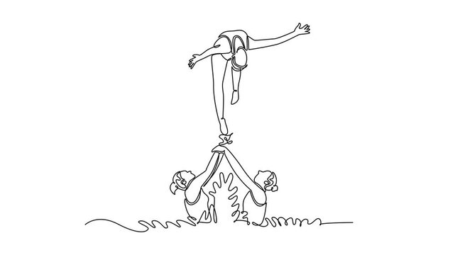 Self drawing animation of single line draw three women are performing synchronized partner lift and arch over the water, illustrating complex teamwork and grace. Continuous line. Full length animated