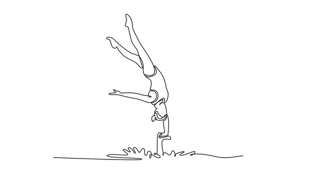 Animated self drawing of continuous line draw creative woman is performing vertical handstand in the water. Complex balance and graceful inversion of artistic swimming. Full length one line animation