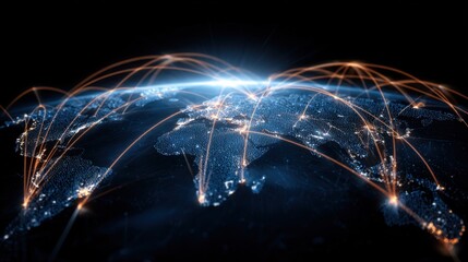 Global network connection map showcasing digital links, technology connectivity and communication across continents in a dark backdrop