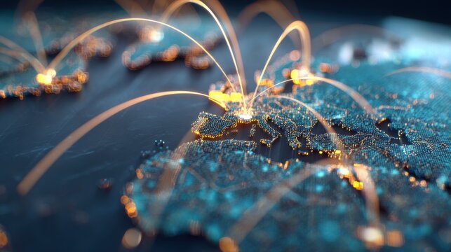 Global Network Connectivity Visual with Digital Maps and Light Connections across Continents Representing Communication and Technology - Powered by Adobe