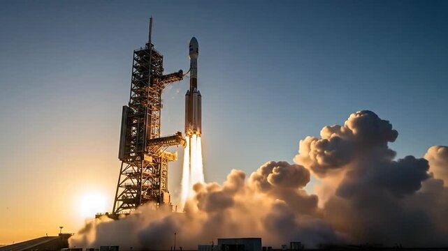Rocket Launch From Launch Pad With Bright Sun and Dramatic Clouds at Dusk