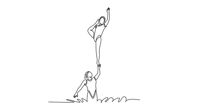 Animated self drawing of continuous line draw two women are performing a synchronized partner lift in the water, with one balanced vertical on the hand of the other. Full length single line animation