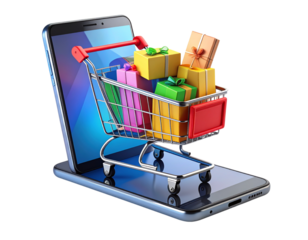  3D Shopping Cart with Discount Tags on Smartphone Screen, Online Shopping and E-Commerce Concept, Isolated on White Background